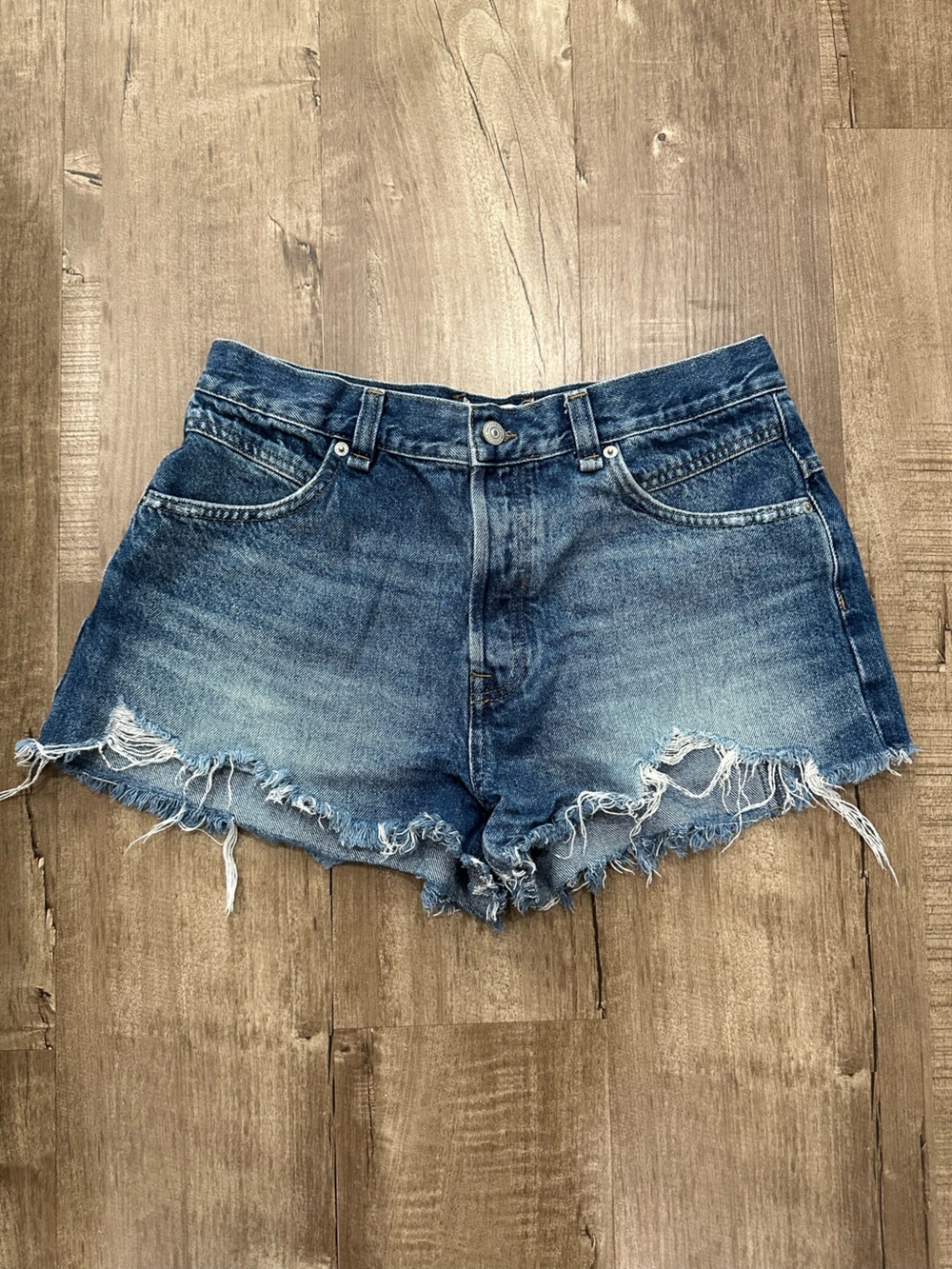 We The Free Distressed Mid-Blue Denim Shorts